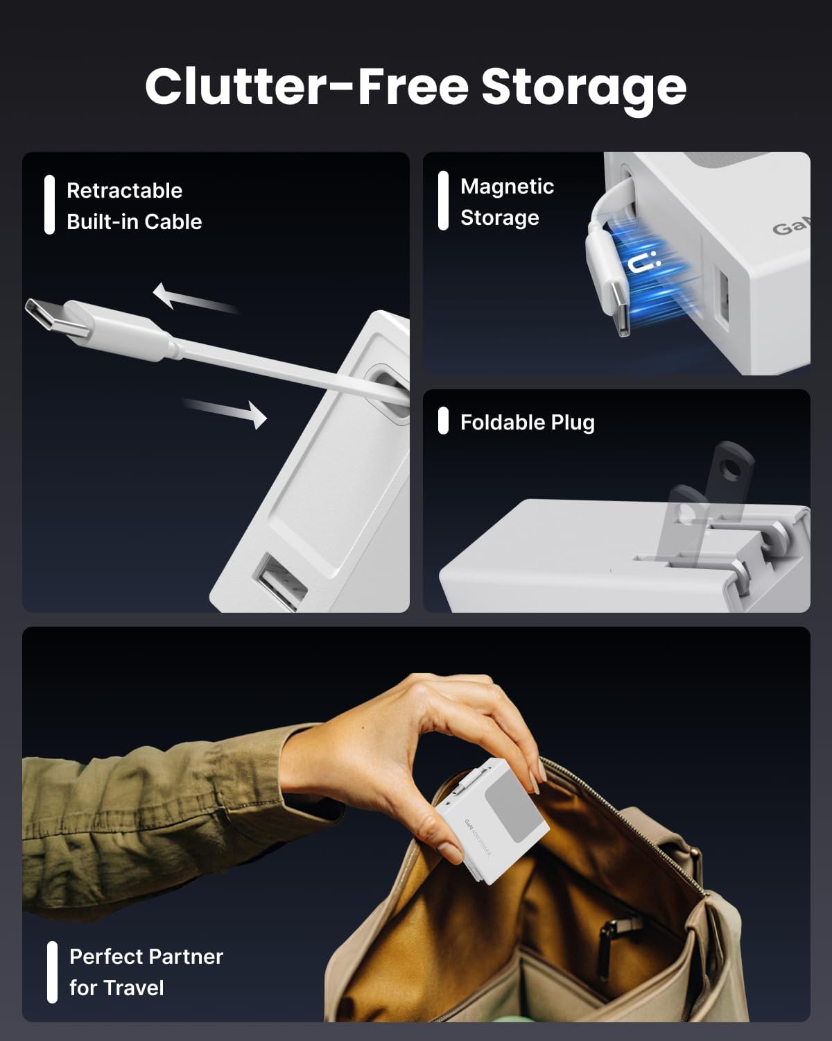 Portable Phone Charger Block, Retractable Wall Charger with 31.5in Type-C Cable, 40W PD Fast Charging Block with USB A Port, Power Adapter with Foldable Plug for iPhone 16/15, Galaxy S23 22