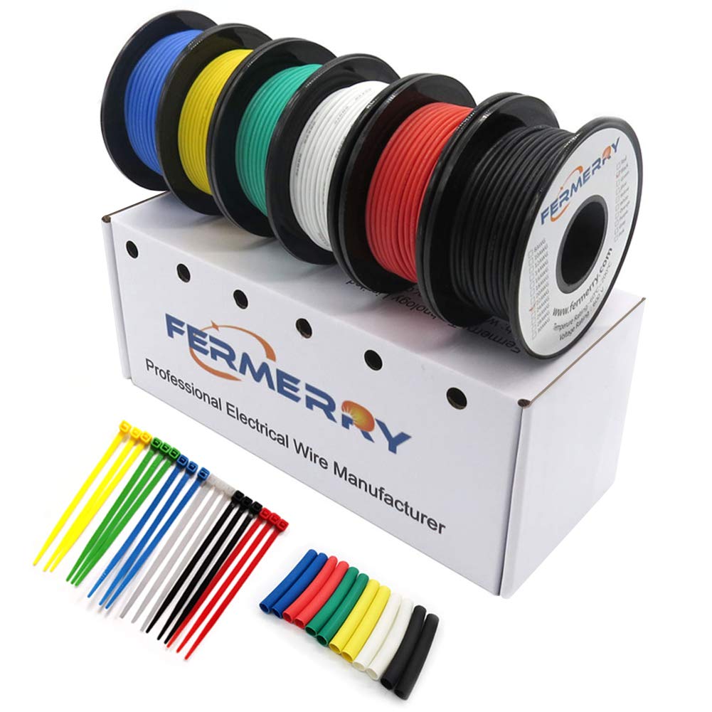 Fermerry 14 AWG Stranded Wire Spool 10ft Each 6 Colors Flexible 14 Gauge Silicone Hook up Wire Kit Electrical Tinned Copper Wire
