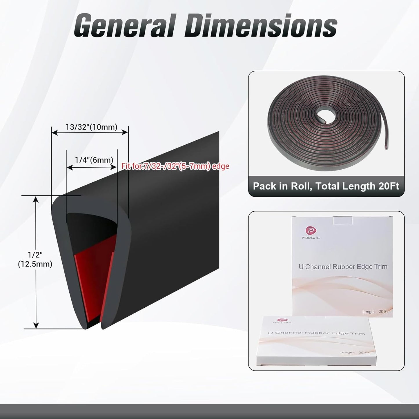 Rubber Edge Trim, Self Adhesive U Channel Edge Trim, U Shaped Trim for Plywood, Glasses, Mirror, Flexiglass, Sharp Edge Parts, Fit for 1/4", Length 20Ft, Black Color, Peel and Stick Plastic Trims