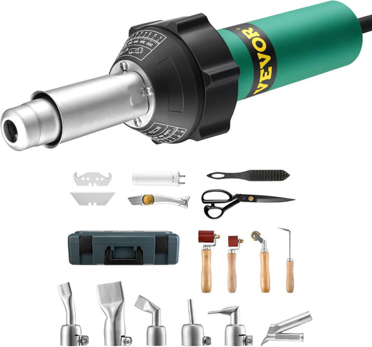 VEVOR Hot Air Plastic Welder, 1600W Hot Air Torch Pistol, 122-1112℉ PVC TPO Vinyl Heat Gun Welding Torch, Plastic Roofing Welding Kit with 17 Accessories- Toolbox, Nozzle, Roller, Blades for PP/PE/PVC