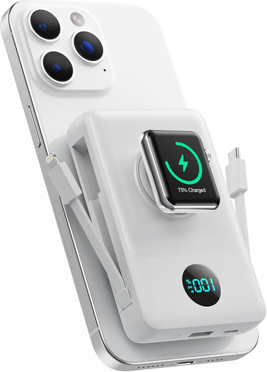 Magnetic Portable Charger 10800mAh for iPhone with Built-in Cables, 6-in-1 Wireless Power Bank with iWatch Charger, 25W PD Fast Charging USB C Battery Pack for iPhone 16/15/14/13/12,Apple Watch(White)