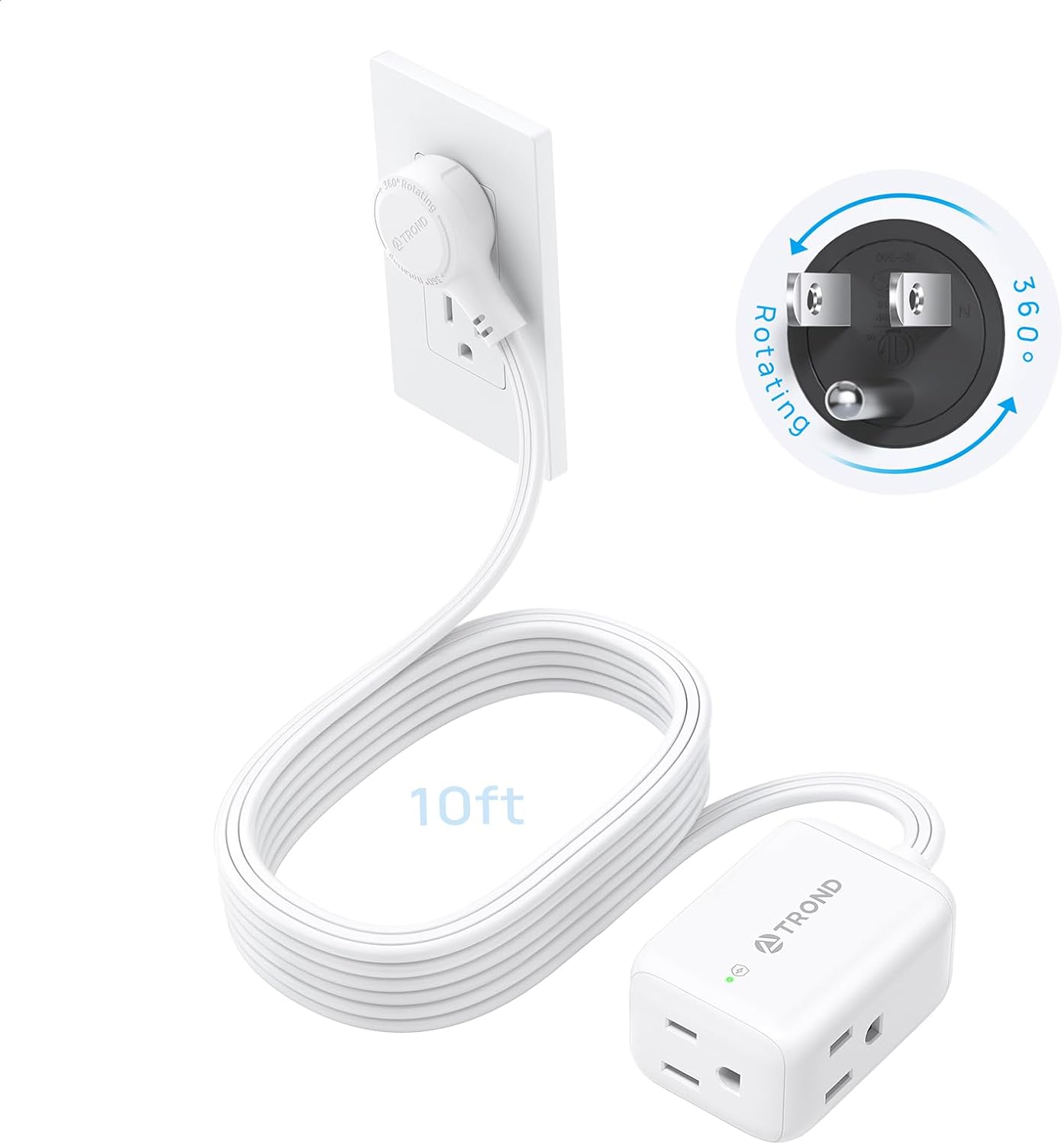 TROND 360° Rotating Flat Plug Extension Cord Surge Protector 10ft, Small Power Strip with 900 Joules, 3 Side Grounded Outlets, 13A, SPT 16/3 Gauge Wire, for Indoor Home Office Dorm Essentials, White