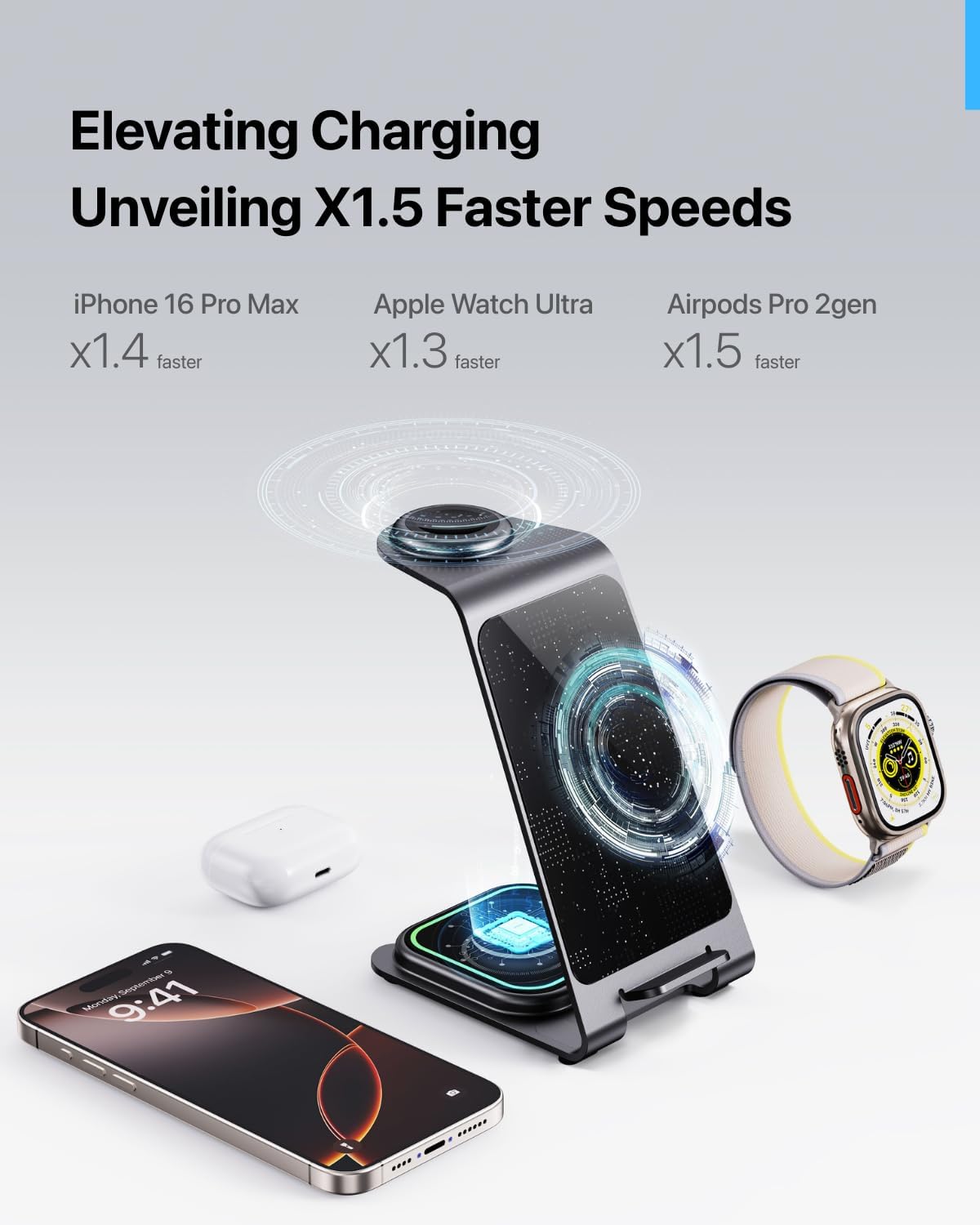 Intoval 3 in 1 Wireless Charging Station for iPhone 16 15 14 13 12 11 X Pro Max, Wireless Charger for Apple Watch 10 Ultra 3 SE 9 8 7 6 5 4 3 2, for AirPods 4 Pro Pro 2 3 (Y93, Grey)