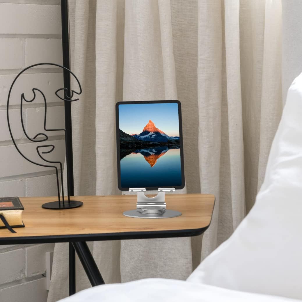 KABCON Swivel Tablet Stand, Aluminum Portable 360°Rotating Holder for Desk,Business,Kitchen,Desktop,Table Stand for iPad Pro 9.7,10.5,12.9/Air Mini,Tab,Fire,Nexus,E-Reader-Silver