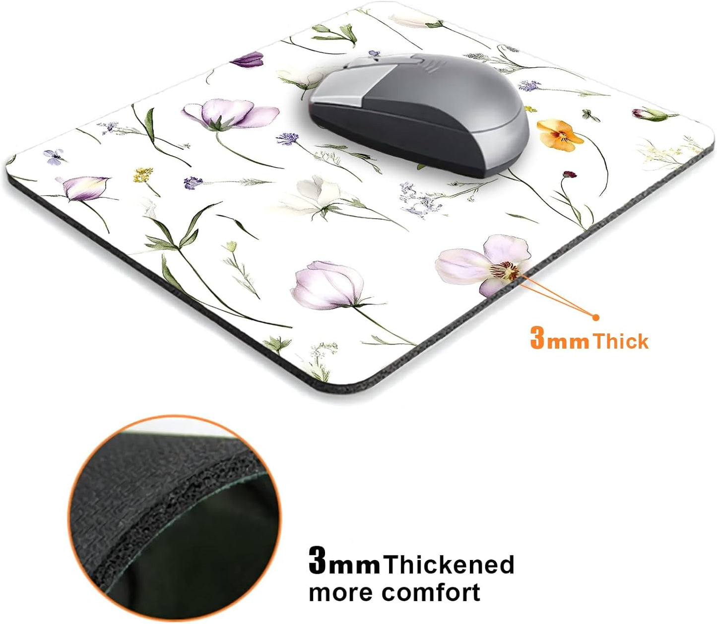 Purple Floral Potted Plants Mouse Pads for Desk, Portable Wireless Computer Mouse pad Small Design with Women, Non-Slip Rubber Base Laptop Mousepad 9.5" x 7.9" Smooth Surface for Office & Travel