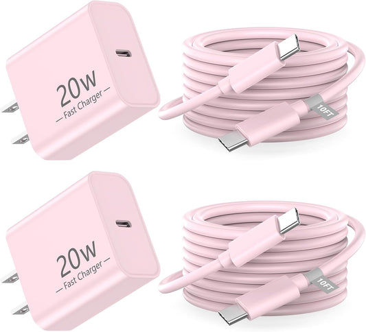 Matsusho iPhone 16 15 Charger Fast Charging 10 FT, 2 Pack 20W USB C Wall Charger with 10FT Type C Charger Fast Charging Cable for iPhone 16/16 Plus/16 Pro/16 Pro Max/15/15 Pro/15 Pro Max/15 Plus, Pink