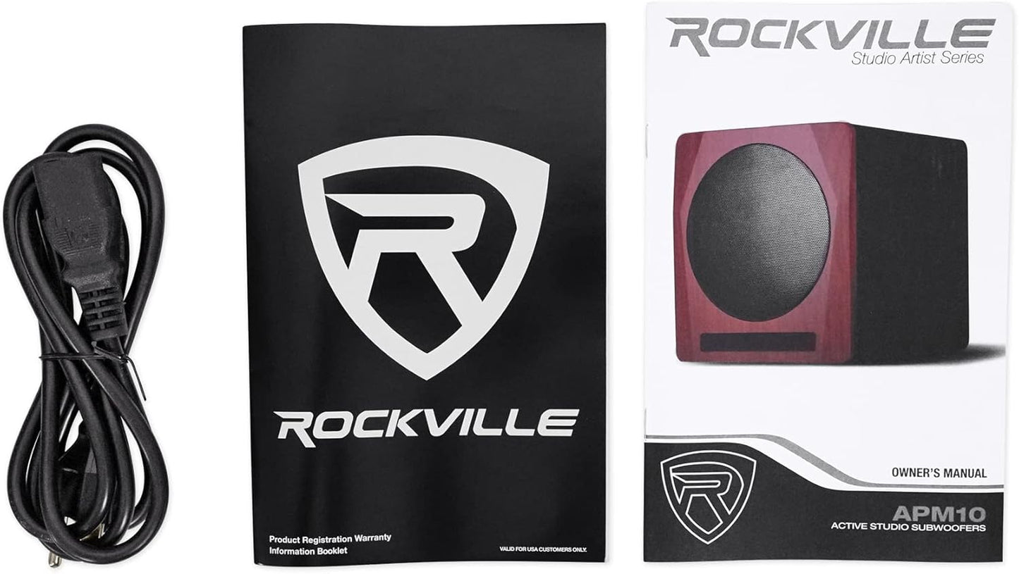 Rockville APM10B Active Studio Subwoofer in Black, 10"", 400W, MDF Wood, RCA/XLR/Optical, Front-Firing Port, Perfect for Studios and Music Production