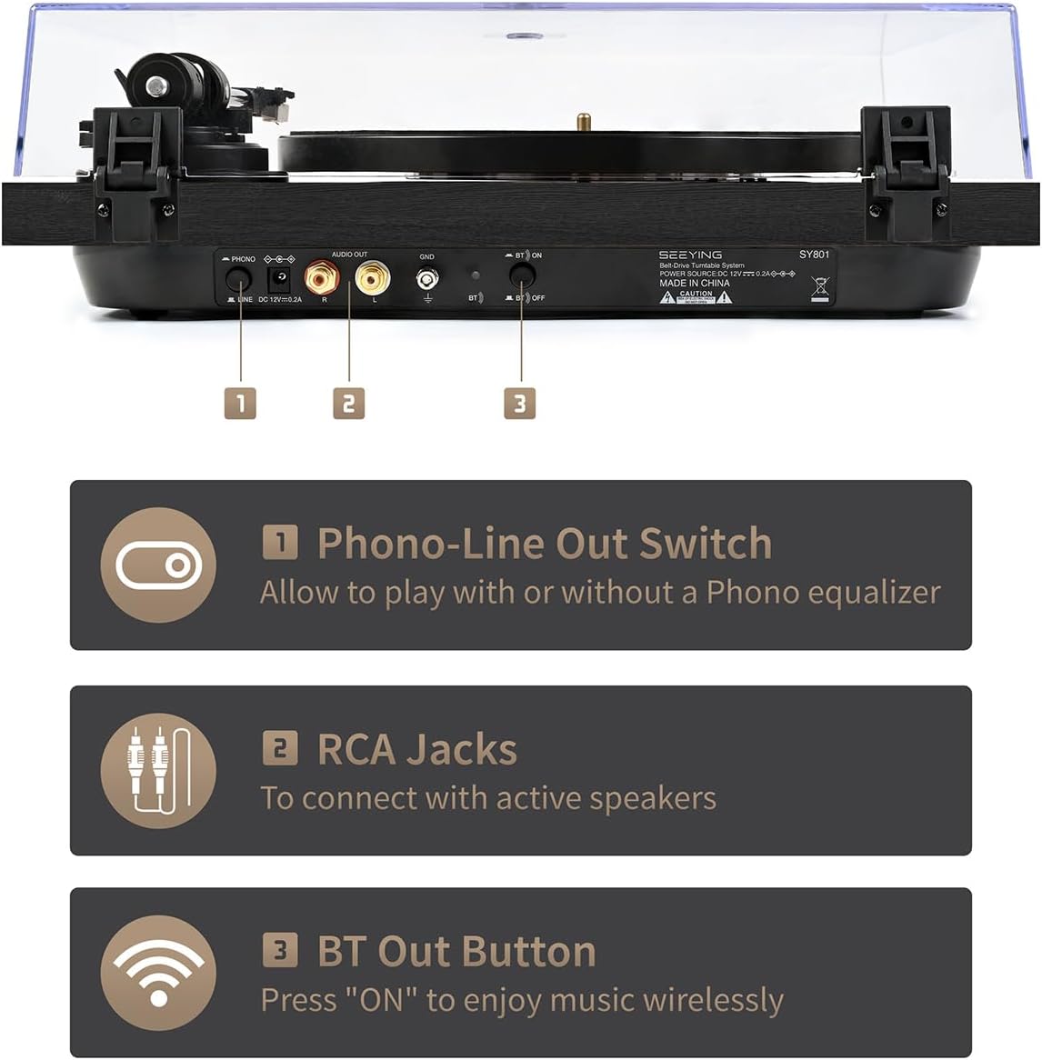 Turntable Vinyl Record Player Support Bluetooth Output Phono/Line Switch Pitch Control with Pre-Installed Counterweight & Magnetic Cartridge, Belt Drive 2 Speed