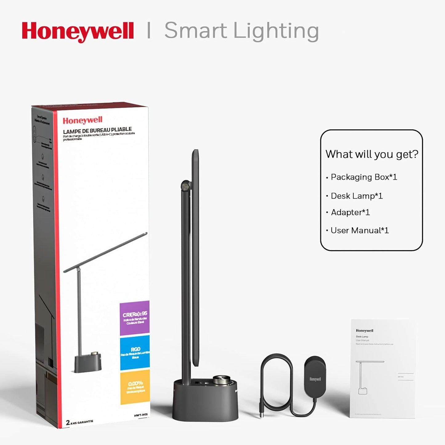 Honeywell Sunturalux™ LED Desk Lamp with USB Charging Ports HWT-H01 - Stepless Dimmable Eye Caring Desk Light for Home Office Bedroom Bedside College Dorm, Foldable Table Lamp Reading Lamp Black
