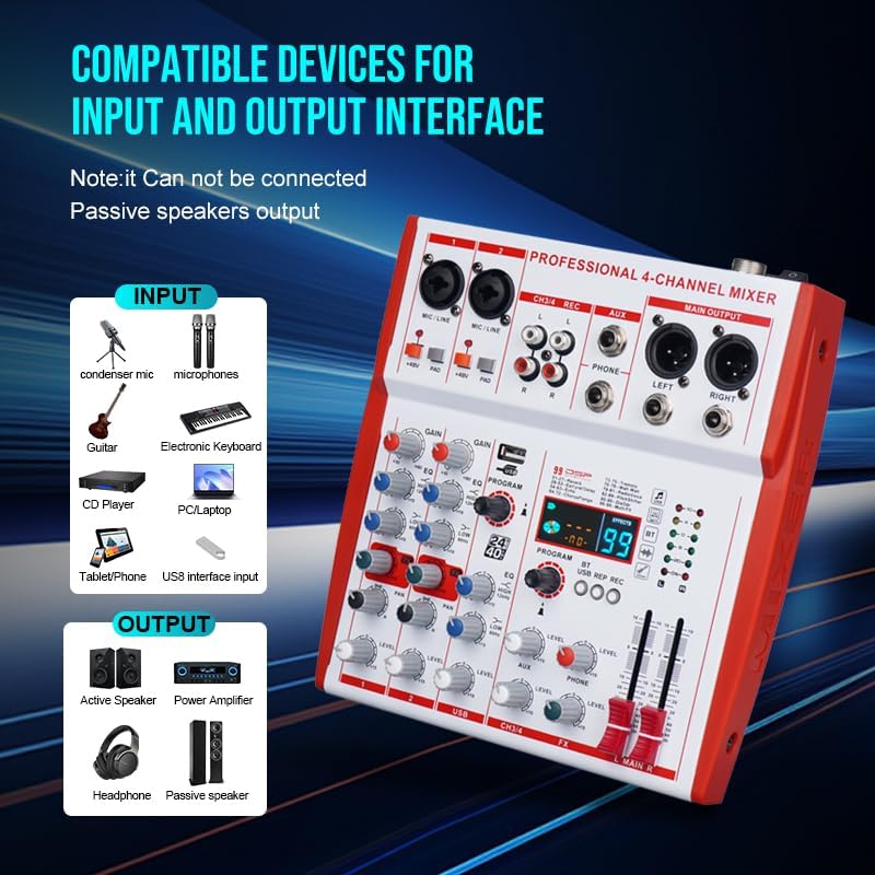 mw-4 white 4Channel Audio Mixer with 99 Sound Effects for PC,Portable Sound Mixing Console with BT USB Recording Input for Live Streaming,Podcasting