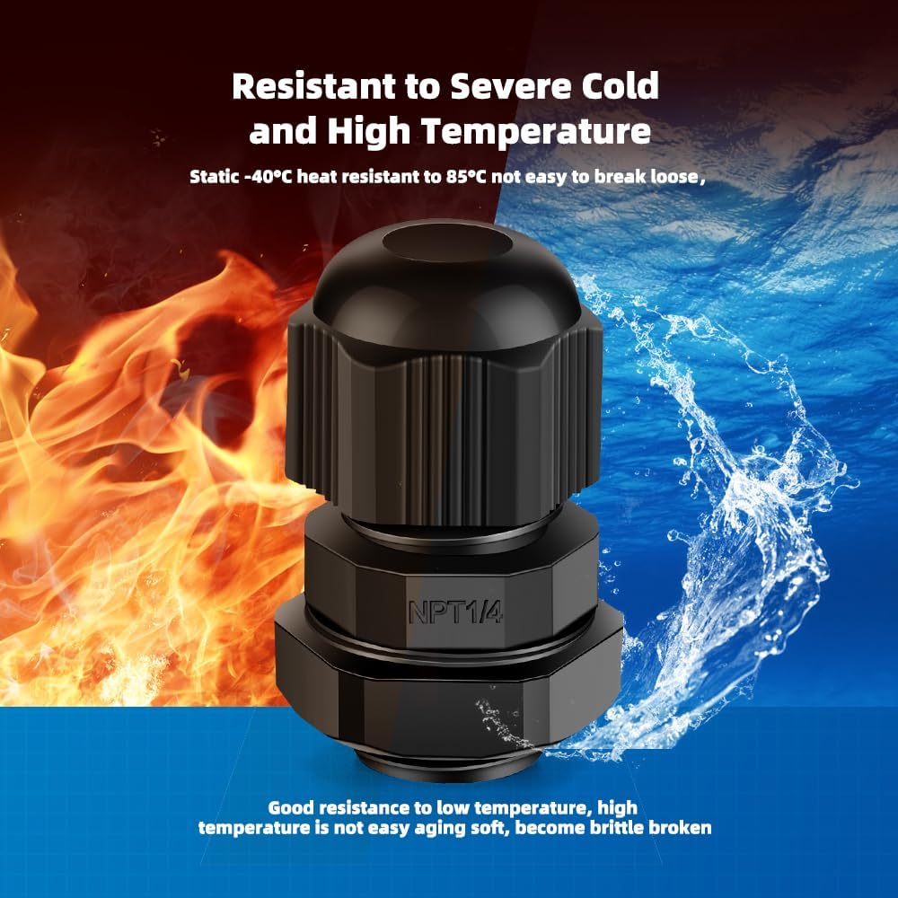 Cable Gland 20 Pack 1/4" NPT Waterproof Adjustable Connector Strain Relief Cord Connectors Joints Nylon with Gaskets…