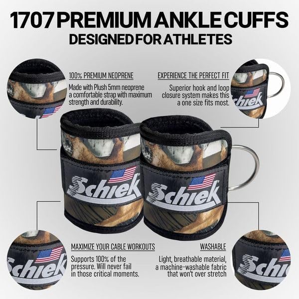 Schiek Sports 1707 Ankle Cuffs - Ideal for Glute Kickbacks and Cable Machine Workouts - Durable and Built To Last