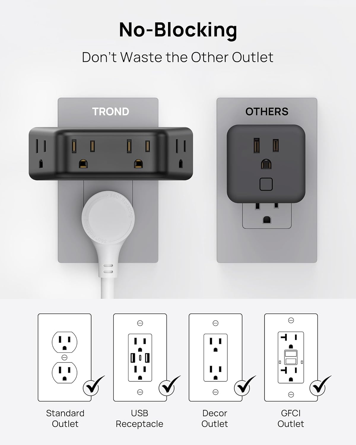 TROND Multi Plug Outlet Extender - Surge Protector Outlet Splitter with 4 Grounded Sockets, Angled Wall Plug Adapter, 900J, Multiple Wall Expander for Bathroom Kitchen Travel Dorm Room, Black