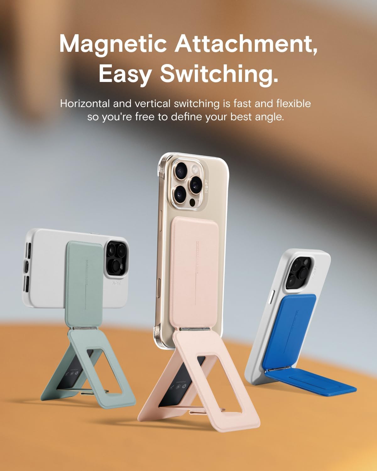 MOFT Phone Stand, Magnetic Phone Tripod Stand Stain-Resistant MOVAS Leather & Angle Adjustment & Strong Magnets Tripod for iPhone 15/14/13/12 (Included Metal Ring)-Sunset