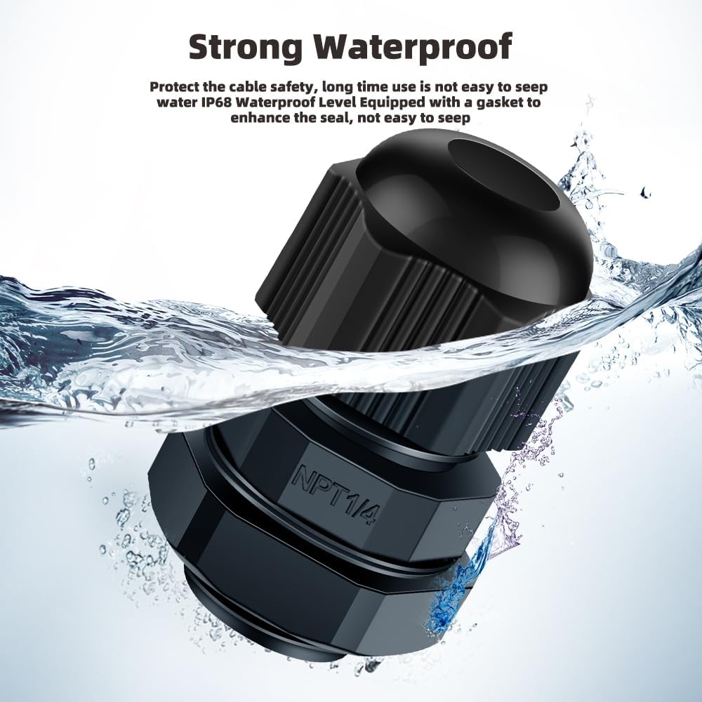 Cable Gland 20 Pack 1/4" NPT Waterproof Adjustable Connector Strain Relief Cord Connectors Joints Nylon with Gaskets…