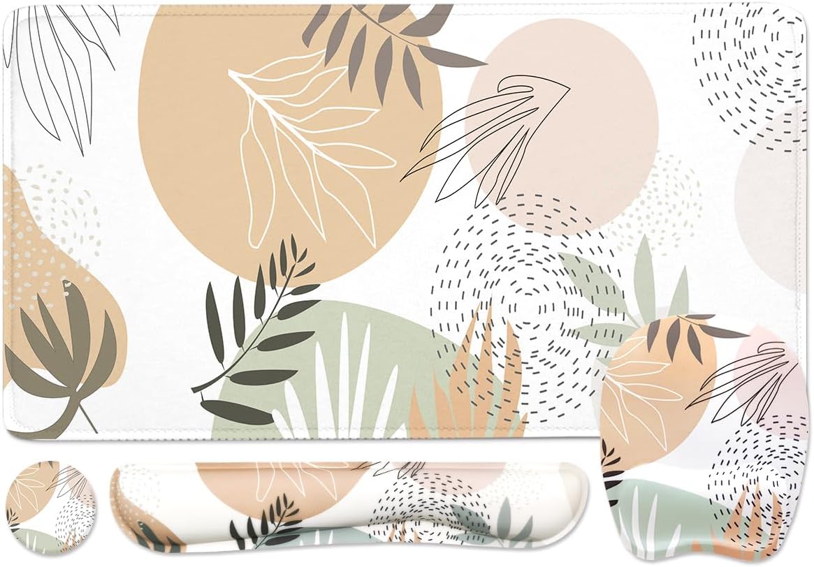 Keyboard Wrist Rest Large Mouse Pad Wrist Support for Computer, 4 in 1 Memory Foam Keyboard Pad Desk Mat Ergonomic Hand Rest Wrist Cushion for Home Office Gaming - Minimalist Plant