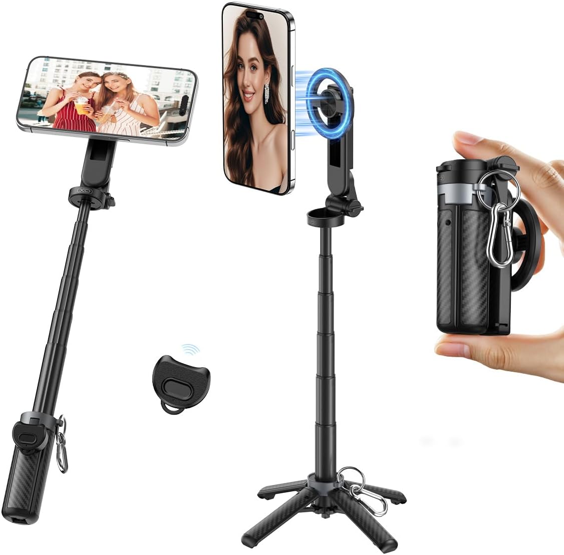 Mini Magnetic Selfie Stick,360° Rotation Carbon Fiber Cell Phone Tripod for MagSafe,Portable Magnet Selfie Stick with Remote Control,Extendable Small Travel Tripod Phone Stand for MagSafe Smartphones