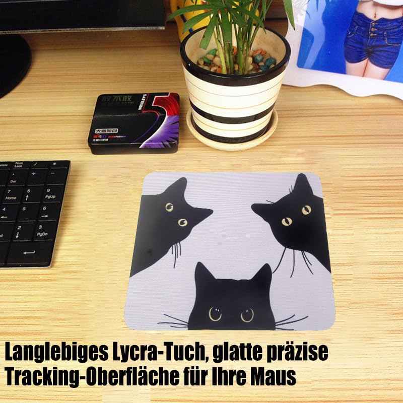 Mouse Pad, Gaming Mouse Pad, Non-Slip Rubber Base Mouse Mat with Designs for Laptop, Computer & Office, 9.5 x 7.9 x 0.12 inches (Black cat face)