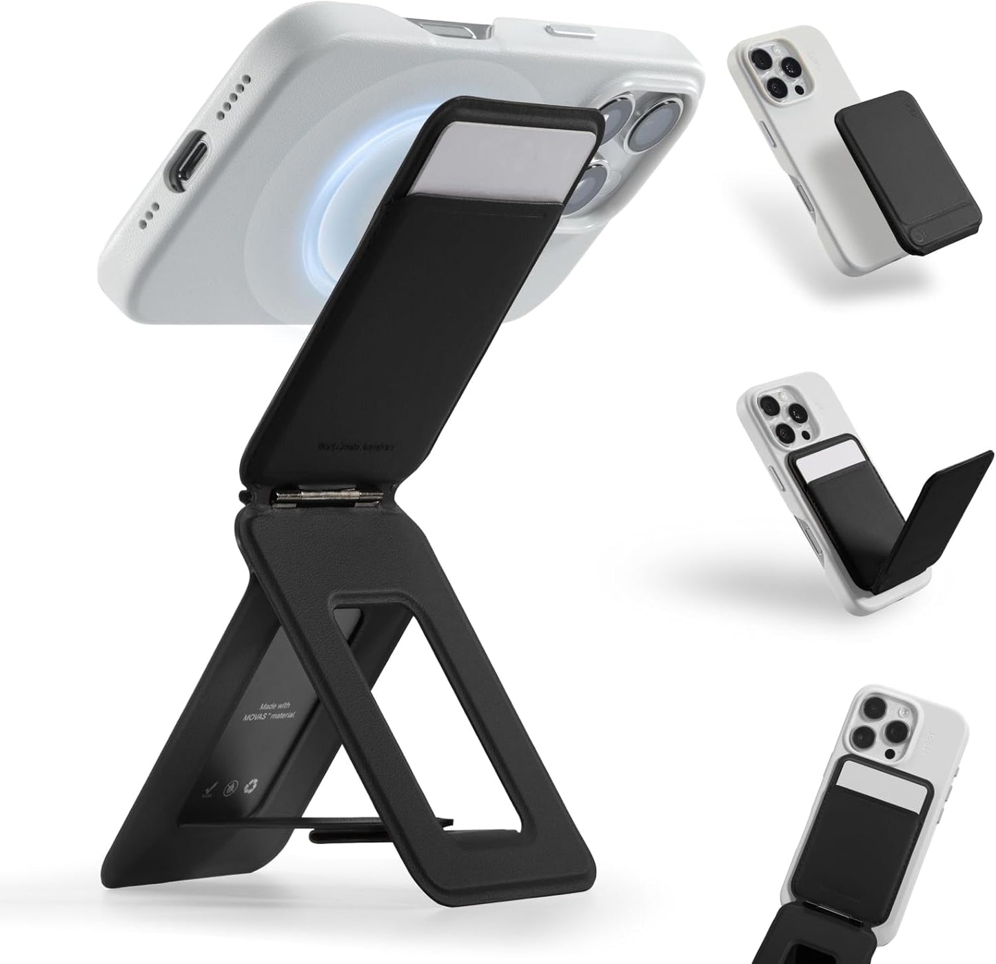 MOFT Phone Tripod Wallet, 3 in 1 Phone Stand MagSafe Wallet, NFC-Supported Magnetic Phone Stand, MOVAS Vegan Leather Adjustable Card Holder-Jet Black