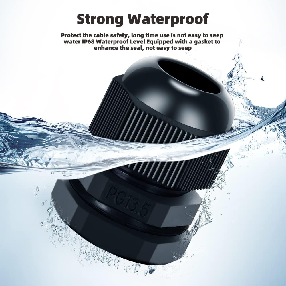 Cable Gland 20 Pack Plastic Waterproof Adjustable Connector 6-12mm PG13.5 Strain Relief Cord Connectors Joints Nylon with Gaskets