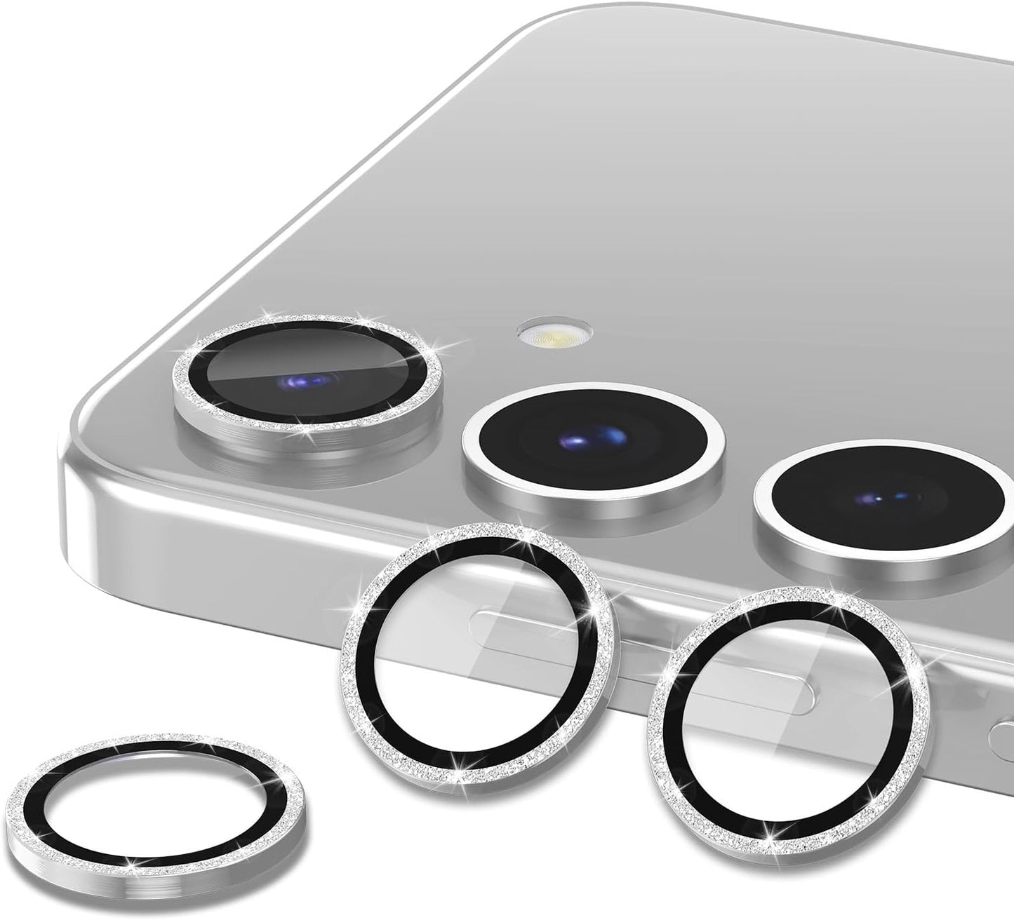 for Samsung Galaxy S25 Plus Camera Lens Protector, Individual Metal Ring Tempered Glass Lens Cover, [Strong Adsorption] Scratch Resistant Ultra-Thin HD Clear Lens Cover, 1 Set-Silvery Sparkly