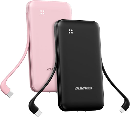 Alongza Portable Charger Built-in Cables and AC Wall Plug, Slim Fast Charging Power Bank 10000mAh, Lightweight USB C External Battery Pack Compact Travel Cell Phone Charger, 2 Pack Black & Pink
