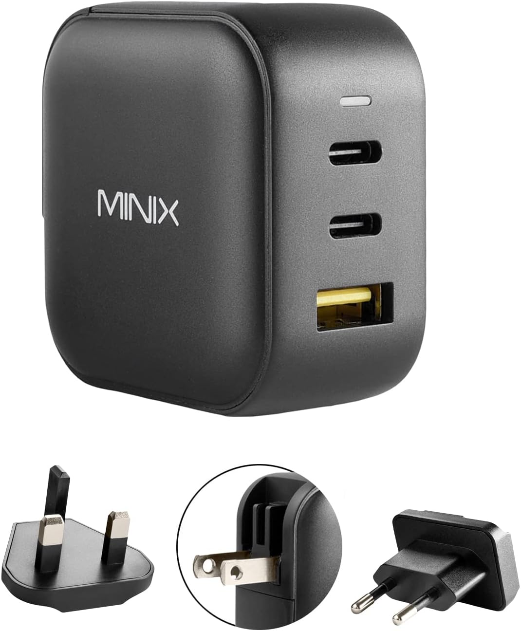 MINIX 66W Turbo 3-Port GaN Wall Charger 2 x USB-C Fast Charging Adapter, 1 x USB-A Quick Charge 3.0, Compatible with MacBook Pro Air, iPad Pro, iPhone 16/15/13/12/11, Galaxy S9 S8 and More (NEO P1)