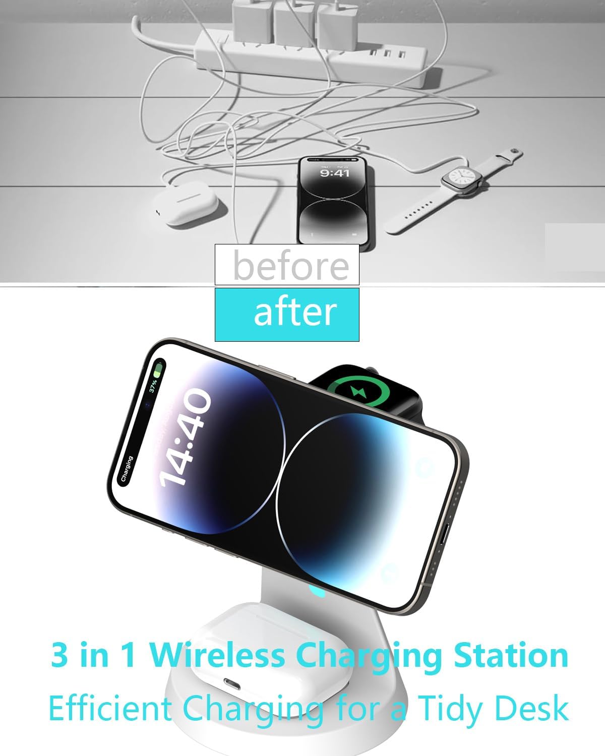 Wireless Charger Compatible with Mag-Safe,3 in 1 Charging Station for iPhone16/15/14/13/12 Series, Apple Watch,AirPods,and More,15W Fast Charging (USB-C Adapter Included)