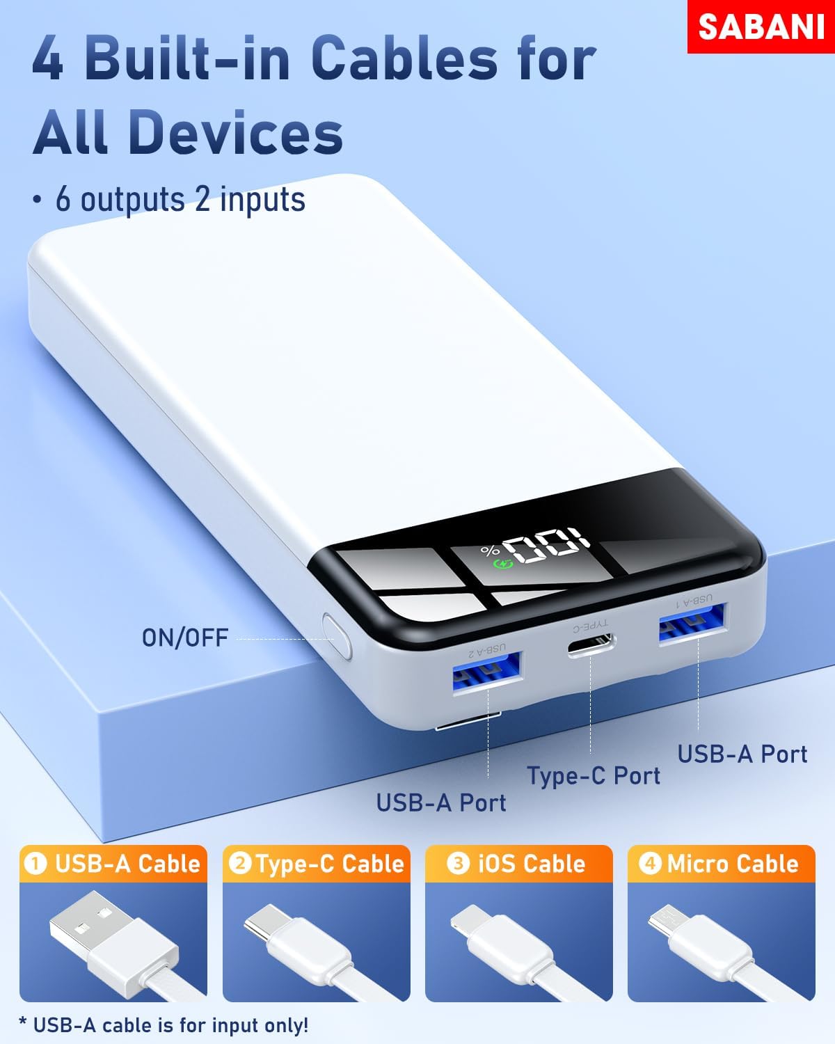 SABANI Portable Charger 35000mAh Power Bank - Portable Battery with 4 Built in Cables, 22.5W Fast Charging Battery Pack Compatible with iPhone 16 15 14 13 Samsung Android Phone etc (1 Pack, White)