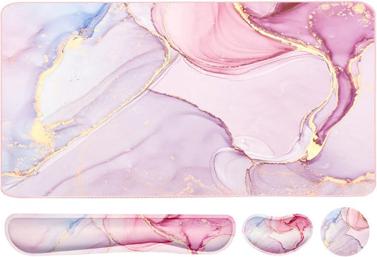 Keyboard Mouse Pad Set, Extended Mouse Pad+Keyboard Wrist Rest Support, Memory Foam Ergonomic Easy Typing, 3Pcs (35.4×15.7 in) Desk Pad Set for Home Office Study Game- Pink Marble