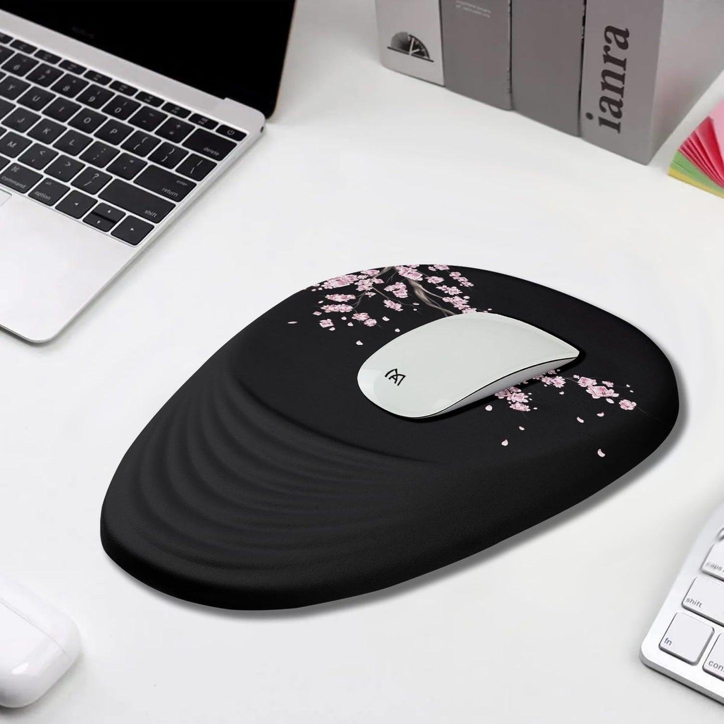 Mouse Pad, Ergonomic Mouse Pad with Wrist Rest Support and Non-Slip PU Base, Cute Mousepad for Pain Relief, Office & Home, Computer, Japanese Plum Blossoms