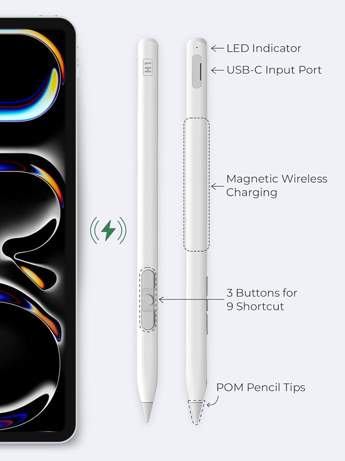 REDBEAN iPad Stylus Pen H1, 9 Shortcut Functions with 3 Buttons, Tilt Sensitivity, Magnetic Wireless Charging Pencil Compatible with Apple iPad Pro 11"/12.9", Air 3/4/5, Mini 5/6, iPad 6th-10th Gen.