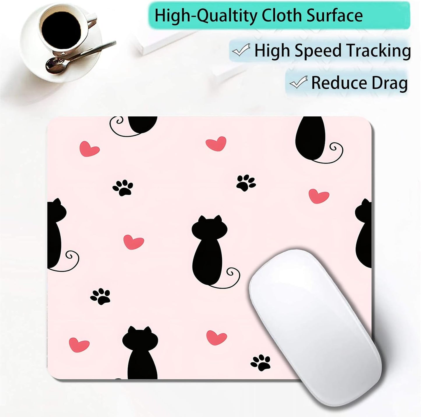 Cute Heart Cartoon Black Cat Paw Custom Mouse Pad with Non-Slip Rubber, Small Square Design for Wireless Laptop & Computer Mouse Pads for Desk, 9.5 x 7.9 inch Smooth Surface for Gaming & Office