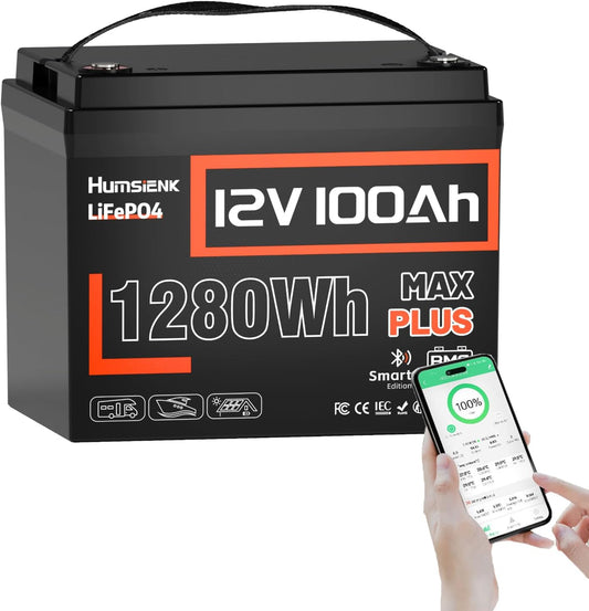 12V 100Ah LiFePO4 Lithium Battery Plus Bluetooth 5.0, Built-in 110A BMS, 15000+ Deep Cycles 1280Wh Lithium Batterys IP67, for RV, Marine, Golf Cart, Trolling Motor, 10-Year Lifespan