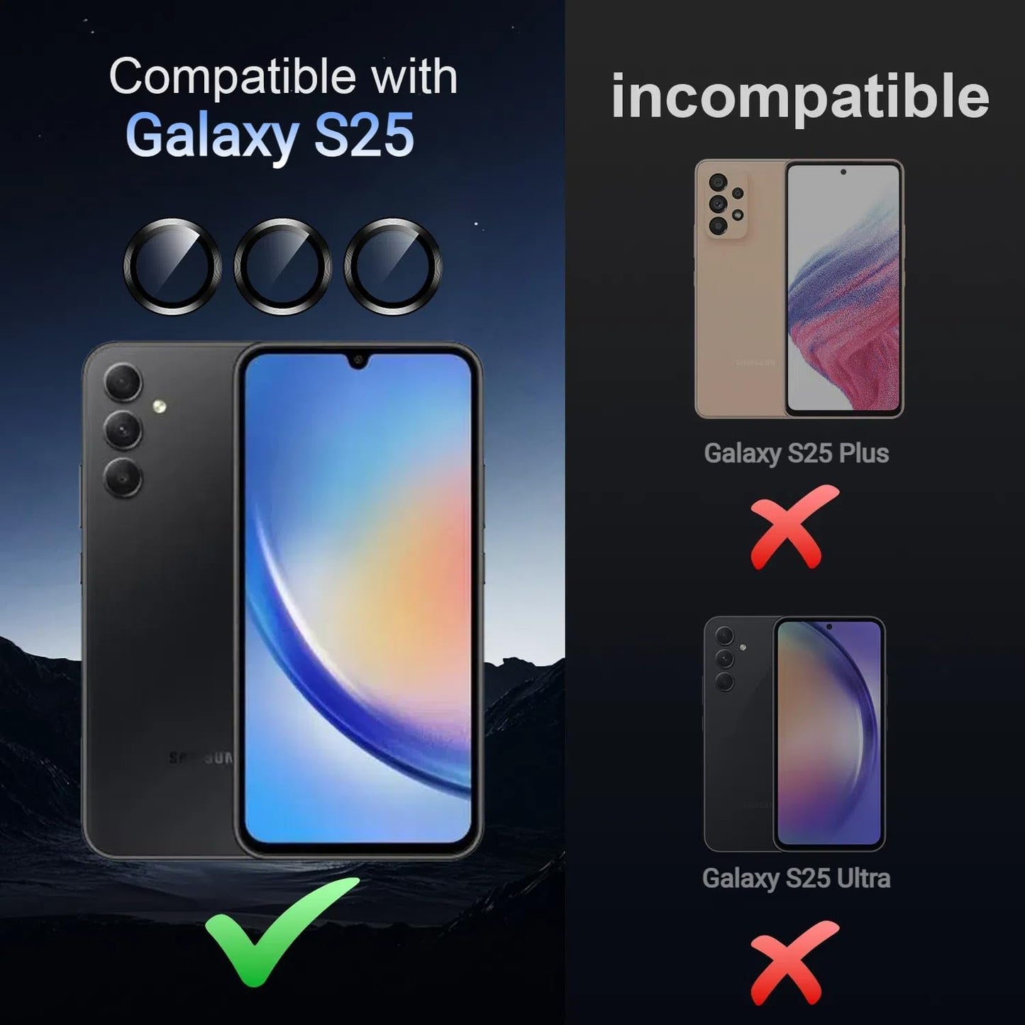 Korecase for Galaxy S25 Camera Lens Protector, 9H Tempered Glass Anti Scratch Camera Screen Protector Shockproof Film Shcokproof Metal Ring Lens Protecor for Galaxy S25,Black