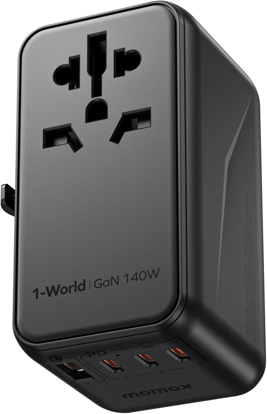 MOMAX 140W Universal Travel Adapter, GaN Technology, EU/UK/AUS/US/JP Worldwide, Fast Charging for iPhone, MacBook pro, Vision Pro, Charging Cable Included