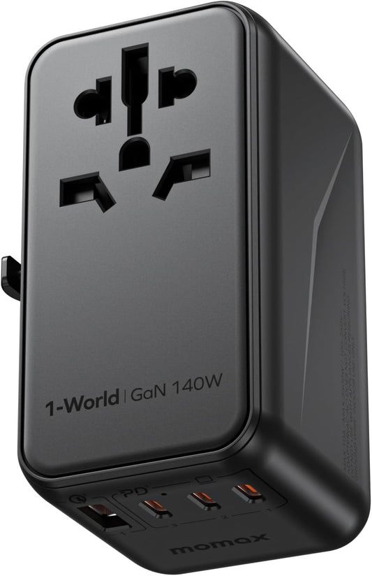 MOMAX 140W Universal Travel Adapter, GaN Technology, EU/UK/AUS/US/JP Worldwide, Fast Charging for iPhone, MacBook pro, Vision Pro, Charging Cable Included