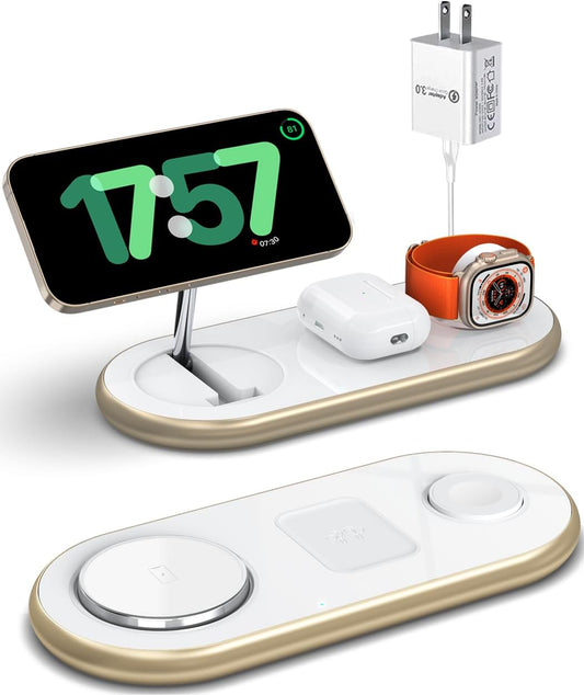 2025 Upgraded 3 in 1 Charging Station for Apple Devices, Fast Magnetic Mag-Safe Wireless Charger Stand for iPhone 16/15/14/13/12 Series & Apple Watch 1-9/Ultra & AirPods Pro (Gold)