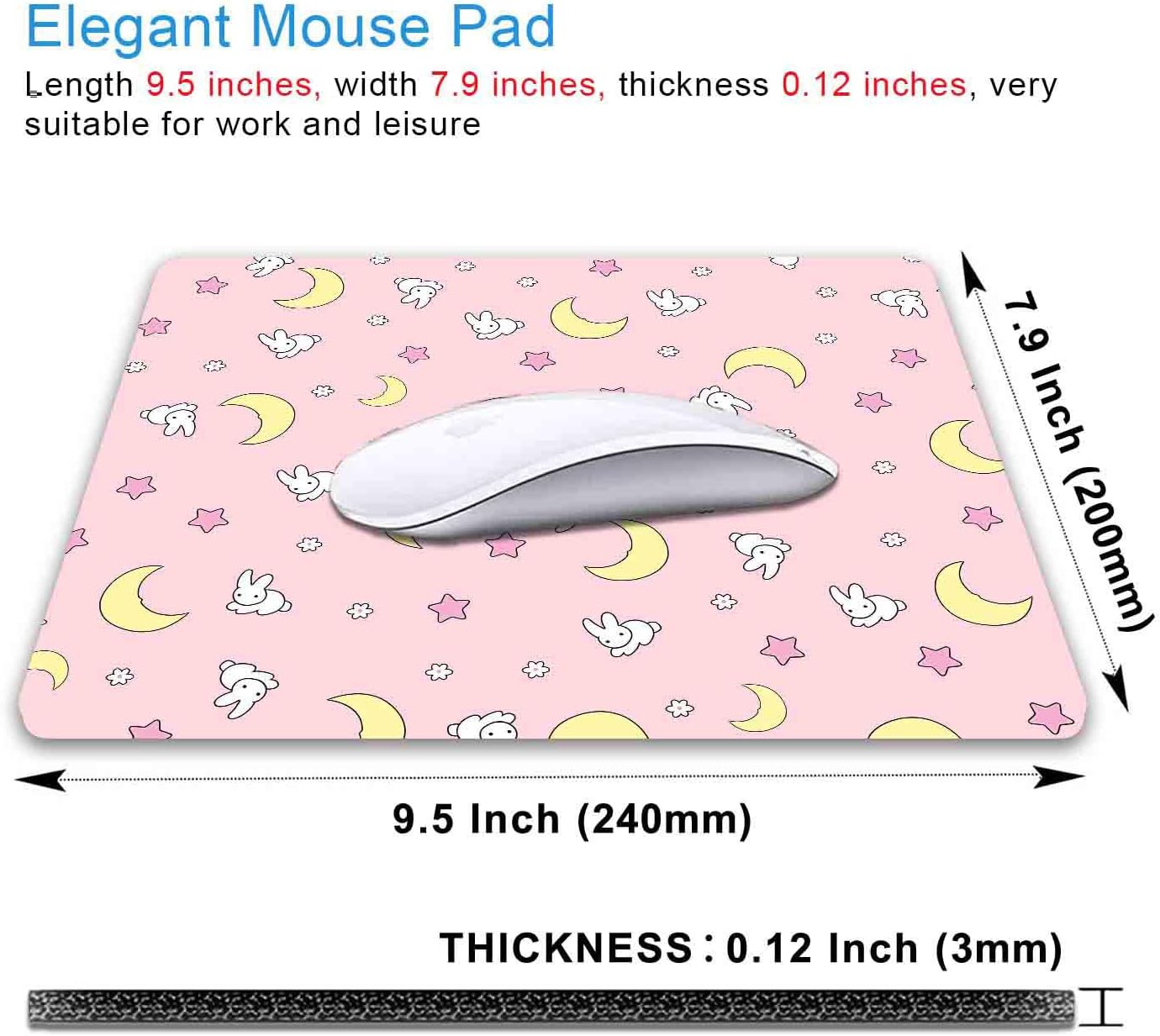 IMAYONDIA Pink Kawaii Mouse Pad, Cute Moon Bunny Small Mouse Mat，Aesthetic Anime Mousepad for Women Kids Office Home School, Computer PC Laptop Mice Pad, 9.5 x 7.9 Inch
