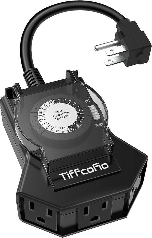 Outdoor Timer Outlet Waterproof, 24 Hour Mechanical Light Timer Outdoor, 2 Grounded Outlets for Home and Garden, 15A 1/2HP, Heavy Duty, ETL Listed (1 Pack)