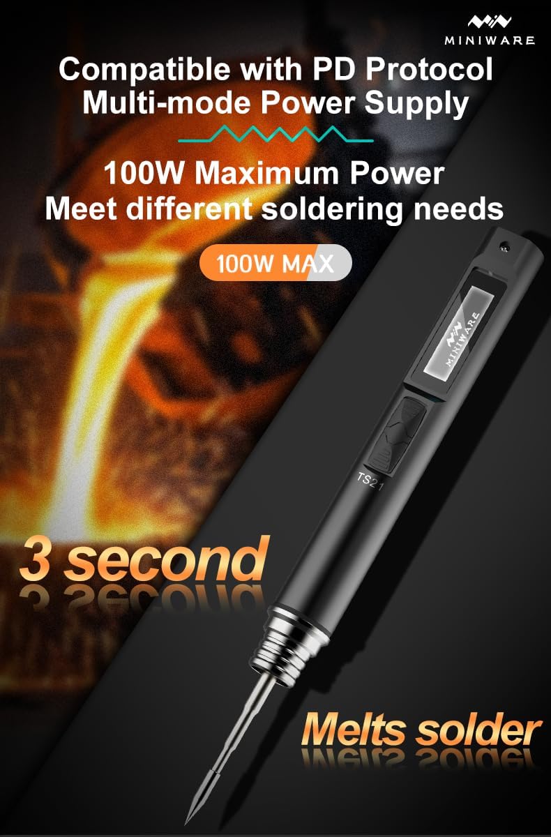 TOOLSAGE Soldering Iron Kit TS21,Front Lighting,3 Seconds Melts Solder,Fast Heating,DC9-24V Max 100W Soldering-Iron Gun with Adjustable Temp 100-450℃,Compatible with 210 type Iron Tips