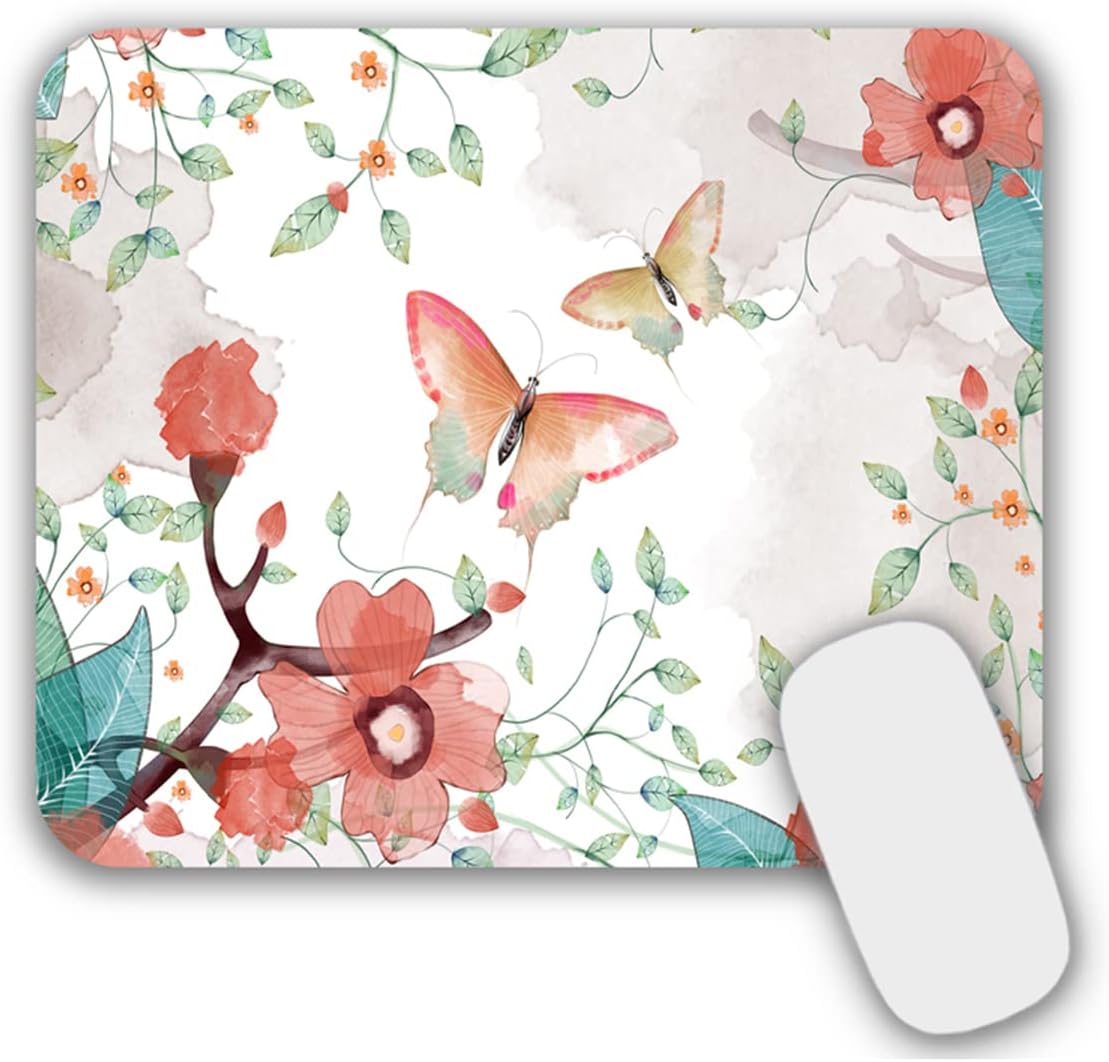 Mouse Pad, Gaming Mouse Pad, Non-Slip Rubber Base Mouse Mat with Designs for Laptop, Computer & Office, 9.5 x 7.9 x 0.12 inches (Butterflies and Flowers)