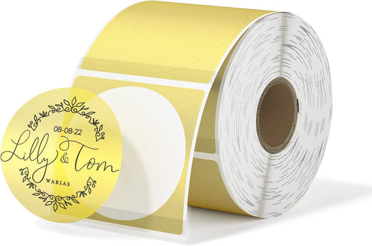 MUNBYN 2 Inch (50.8X 50.8mm) Gold Transparent Thermal Labels, Round Fine Glitter Printable Thermal Stickers for Small Businesses, 500 Labels/1 Roll