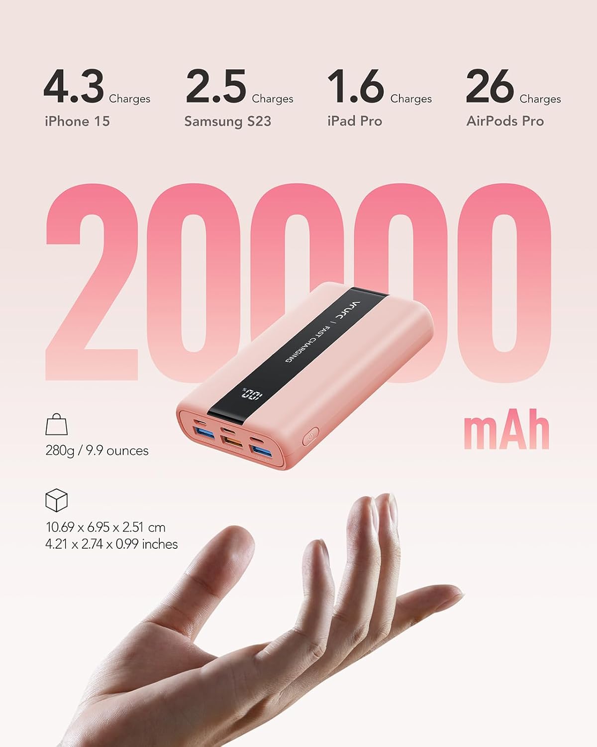 VRURC Portable Charger, 20000mAh Mini Power Bank,22.5W Fast Charging Battery Pack USB C, Small Travel Charging Bank with 4 Outputs Compatible iPhone 16 15 14 13,Samsung,Android,etc-Pink