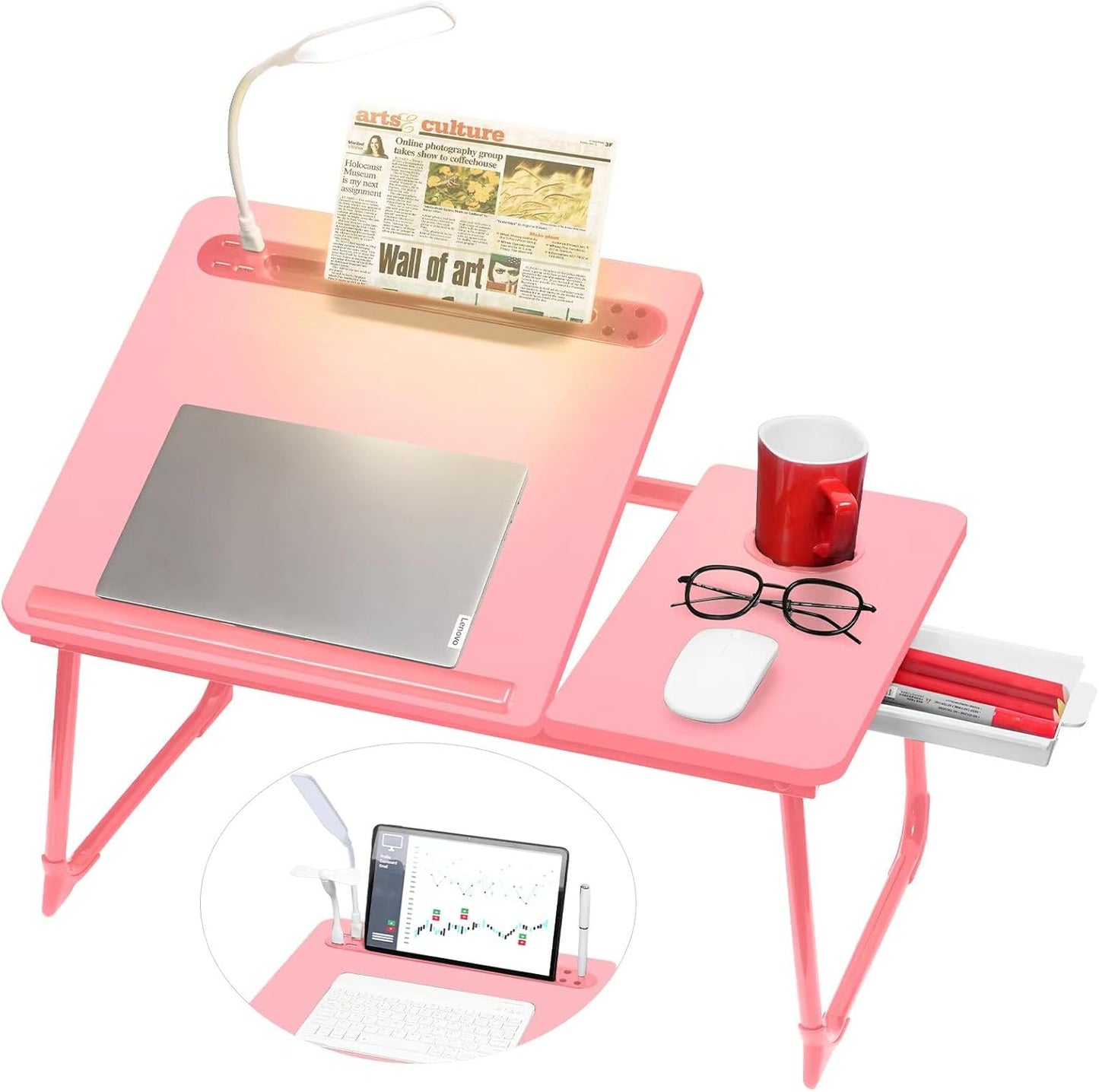 CloudTrip Plus XL Adjustable 17in Laptop Desk with Light, USB Port, iPad Holder, Drawer Storage - Larger 23.6IN Adjustable Lap Desk for Bed, Home Office, Breakfast Tray, Fordable Legs Desk (Pink)