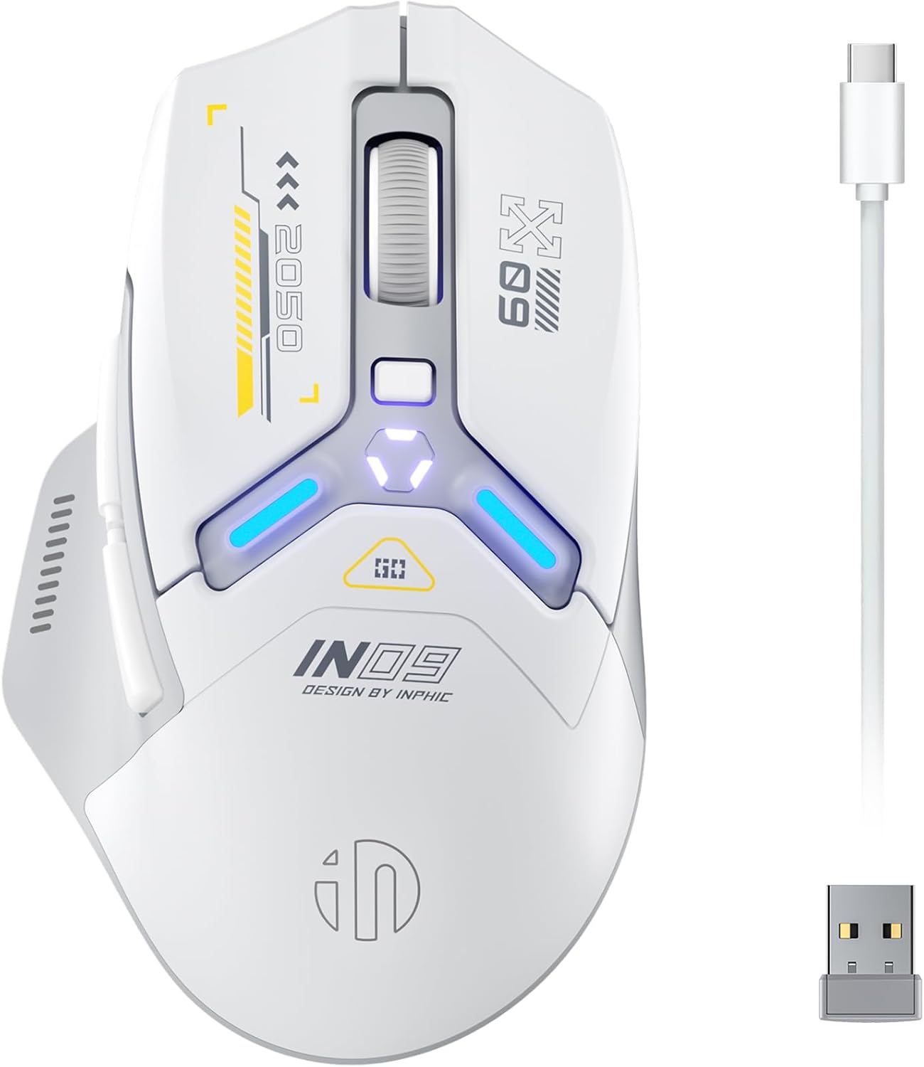 INPHIC IN9 Wireless Gaming Mouse, True Tri-Mode Bluetooth/Type-C Wired/2.4G Wireless Connection, 10000 DPl, Fully Programmable, RGB Backlit, for Laptop PC Mac