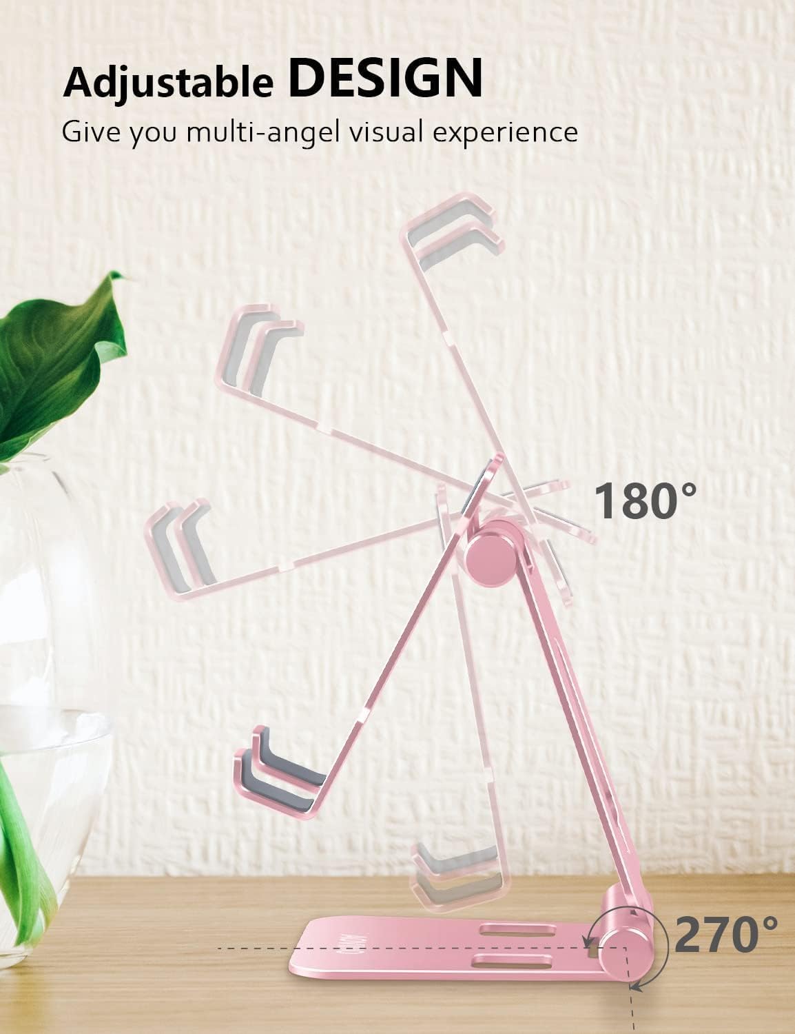 Cell Phone Stand for Desk, Adjustable Desktop Phone Holder Stand, Foldable Moblie Phone Dock for iPhone 15 14 13 12 11 Pro Xs Max Xr X 8 7 6 5 5s SE Nintendo Switch All Phones, Rose Gold