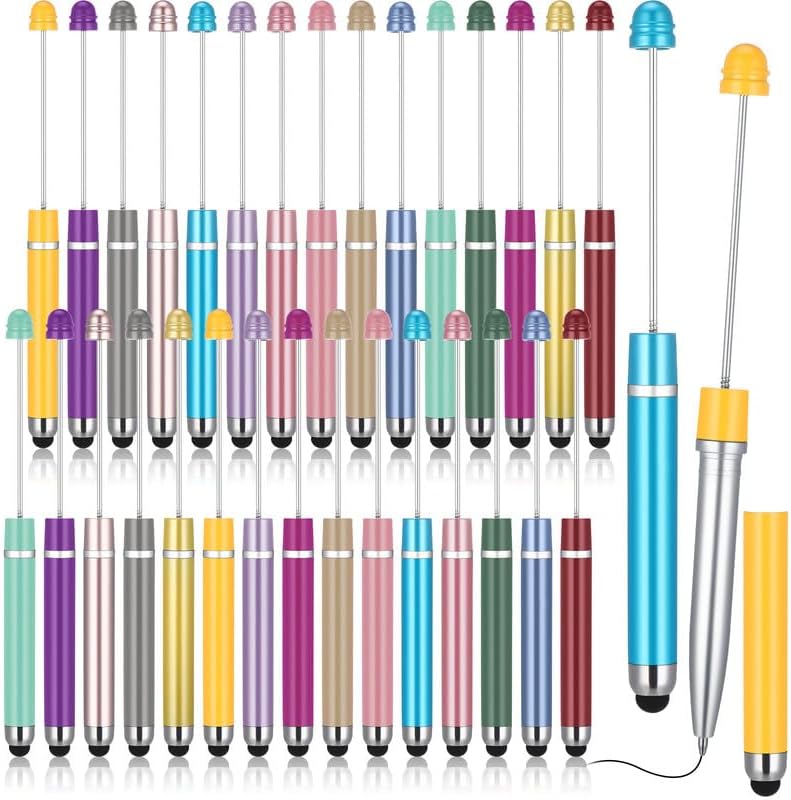 Qilery 30 Pcs Beaded Pens with Stylus Tips Plastic Beaded DIY Stylus 2-in-1 for Rubber Touch Screen Handwriting Ballpoint Pen 1.0mm, Black Ink, Office Supplies(Rainbow)
