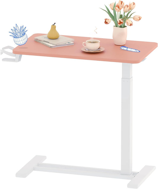 FLEXISPOT H7 Adjustable Overbed Bedside Table with Wheels Pneumatic Mobile Standing Desk Laptop Desk Rolling Computer Cart Movable Overbed Table Hospital Home Use(27.6" W x 15.7" D, Pink)