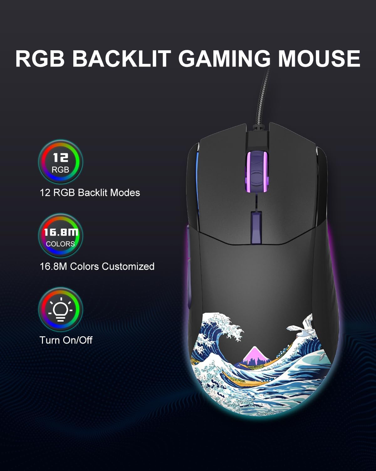 COSTOM Womier G705 USB Wired Gaming Mouse for PC Computer Windows Mac Laptop, Lightweight Silent RGB Backlit Mouse with Adjustable 12000DPI/7 Programmable Side Buttons,Black Kanagawa Theme